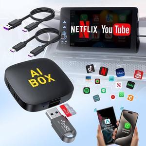 4-in-1 wireless CarPlay adapter supports Netflix/YouTube/TF card, Android Auto and Carplay adapter comes with USB-A and USB-C cables to convert wired to wireless Apple Dongle, iOS video box in-car pla