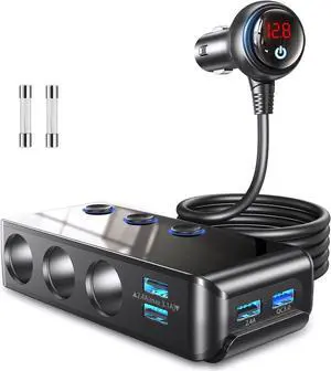 Cigarette Lighter Adapter Splitter, 180W12V/24V 3-Way Power Splitter DC Outlet with 8.5A 4 USB Ports Multi-Function Car Charger, LED Display Voltage, QUICK CHARGE 3.0 [Upgraded] Switches