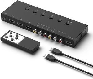 3 HDMI 2.0 Switches + 2 RCA to HDMI Converters (2 in 1) 2 AV Composite CVBS Switches to HDMI Adapters Support 4:3/16:9 Switching N64 NGC Wii Xbox PS2/3/4/5 Xbox Series/ONE Switch