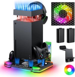 Top-of-the-line auto-cooling fan and charging stand for Xbox Series X consoles with 11 light modes, accessory controller wireless charger dock, 2 * 1400mAh rechargeable batteries, headset holder and g