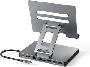 iPad Pro USB C Hub Cradle, 9-in-1 Adapter for iPad Pro M4 M2 13 12.9 11-inch Docking Station, Foldable, with 4K 60Hz HDMI, RJ45 Gigabit Ethernet, SD/TF Card Reader, 3 USB 3.0, 3.5mm Audio, iPad Air