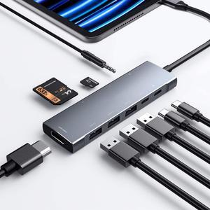 USB C Hub 9-in-1 Adapter for iPad Pro iPad Pro M4 M2 M1 13 12.9 11-inch iPad Air 5 4 Docking Station with 4K HDMI, USB-C PD, SD/TF Card Reader, USB 3.0, 3.5mm Headphone Jack, Type C Data, iPad Mini 6