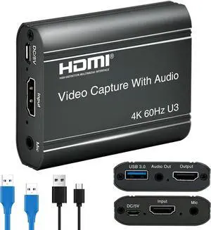 4K Video Capture Card, HDMI to USB 3.0, 1080p 60fps Game Capture Device with Audio Output for Streaming Media