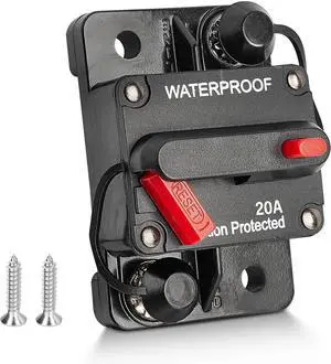 20A Circuit Breaker Holder with Manual Reset Switch 12-48V DC for Boat Trolling Motors Marine ATV Trailers Vehicles Stereo Audio Electronics Battery Fuses Solar Systems, 20 Amp Screws