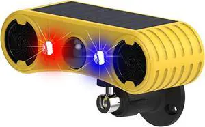 Solar Powered Outdoor Motion Sensor Alert - 13 sounds including dog barks and gunshots, 2 * 130db loud noise makers, 4 modes, red and blue motion activated strobe lights, say goodbye to intruders!