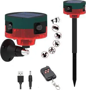 Solar Powered Outdoor Motion Sensor Alarm - Barking Dogs and Gunshots, 130db Loud Noise Maker, Recording Support, 13 Sound Strobe Lights with USB, Say Goodbye to Intruders