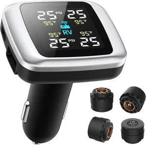 Tire Pressure Monitoring System, Wireless TPMS with 4 External Sensors and 6 Alarm Modes, Color Display, Real Time Tire Pressure Monitoring System, Ideal for RV SUV MPV Truck Sedan (0-87 PSI)