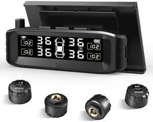 Tire Pressure Monitoring System, Wireless Solar TPMS with 4 External Sensors and 6 Alarm Modes, Color Display, Easy Windshield Mount, Ideal for RV Sedan SUV MPV Truck (0-87 PSI)