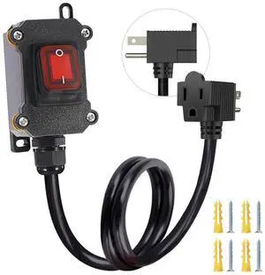 Inline Power Cord Switch with 3.3ft 14AWG Cable Back Plug (3-prong), IP67 Waterproof Extension Cord with On/Off, AC/DC 20A-125V Inline Power Switch with Red LED Rocker Button