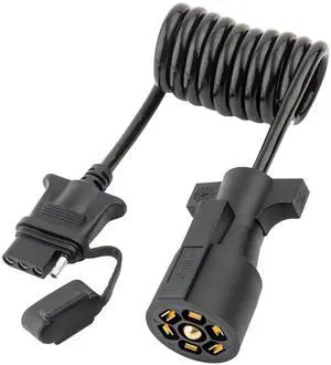 7-Way Blade to 4-Way Flat Trailer Adapter Coiled Harness 5-Foot Male 7-Pin to 4-Pin Trailer Extension Shell Cable, Heavy Duty 18AWG Copper 7 to 4-Wire Trailer Connector Plug 60 in. 7-Way Blade to 4-Way Flat Trailer Adapter Coiled Harness 5-Foot Male 7-Pin to 4-Pin Trailer Extension Shell Cable, Heavy Duty 18AWG Copper 7 to 4-Wire Trailer Connector Plug 60 in.