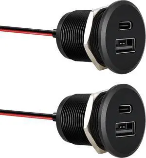 RV USB Socket All Aluminum Type A + Type C Port 12V/24V USB Charger, Recessed Mount 24W High Speed Charging Socket, PD3.0 & QC3.0 Rapid Charger for Camping Trailers Boats Golf Carts (Pack of 2)