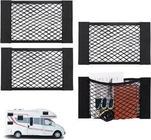 4PCS RV Cargo Storage Mesh, Flexible Stretchable Mesh Bag with 8 Adhesive Strip Wall Stickers for SUVs, Trucks (17.7 x 9.5 inches)