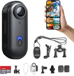 64GB 4K Thumb Sports Camera, Mini Walkaround Camera, Wearable Pocket Video Blogger Camera, Multiple Accessories Mounted AnywhereSmall Portable Hands-Free Helmet Camera for Work, Riding, Traveling, Pet