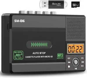 Compact cassette player, USB C or SD card cartridge to MP3 digitizer, recording to tape/computer/SD card via microphone, LCD display, speakers, headphone jack, 16GB SD card