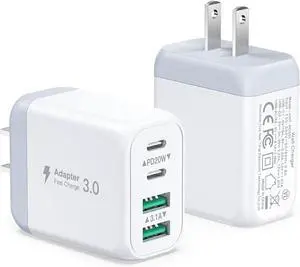 USB C Charging Block, 2-Pack 40W 4-Port USB C Wall Charger Quick Charge Dual Port PD Power Adapter + QC Dual Wall Plug Multi-Port Type C Brick Charger for iPhone 16 15 14 13 12 11 Pro Max XS