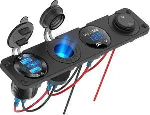 4-in-1-12V USB ReceptacleRV AccessoriesMarine Switch Panel Plug, PD3.0 and Dual QC3.0 Vehicle USB Port Aluminum Charger, Illuminated 150W Cigarette Lighter Receptacle, Blue LED Voltmeter and Toggle Sw