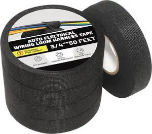 Wire Harness Tape High Temperature Cable Loom Self-Adhesive Fabric Tape for Electrical Automotive Engine Wiring Harness Wrap Protection Noise Dampening Cable Fixing 3/4 inch x 50 ft. 5 Rolls