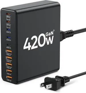 420W USB-C Charger Block, 10-Port Charging Station GaN Fast Charging C-Type and USB-A Wall Charger Adapter, Compatible with MacBook Pro/Air, iPhone, iPad, Dell XPS, Samsung Galaxy (Black)