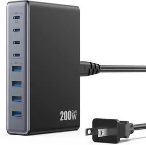 200W USB-C Charger Block, GaN IV Charging Station with 8 Ports, QC 4.0 Fast Charging Station Hub + PD 65W USB-C Laptop Charger Adapter Compatible with MacBook Air/Pro, Dell, iPhone 16/15, iPad, Steam