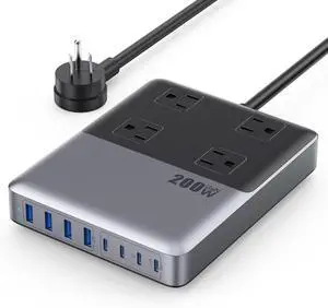 12-in-1 Charging Station USB-C Power Panel with 5-foot Power Cord and Plug, 200W GaN IV USB-C Charger Block, 4 AC Power Outlets, 4 USB-A, 4 USB-C Compatible with MacBook, iPhone 16/15/14, Office, Home 12-in-1 Charging Station USB-C Power Panel with 5-foot Power Cord and Plug, 200W GaN IV USB-C Charger Block, 4 AC Power Outlets, 4 USB-A, 4 USB-C Compatible with MacBook, iPhone 16/15/14, Office, Home