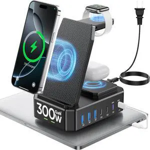 300W charging station for multi-device Apple, 10-in-1 wireless charger for iPhone, GaN III USB C 65W PD fast charging cradle base for MacBook, iWatch and Airpods (Apple only)