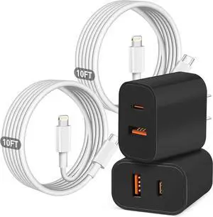 iPhone Fast Charger, Dual Port A/C Apple iPhone Charger Fast Charging Block, 2-Pack Fast Dual A/C iPhone Wall Charger Adapter, 10FT USB C to Lightning Cable for iPhone14 ProMax/13/12/11/XS/XR/iPad