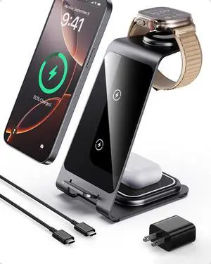 3-in-1 Wireless Charging Station for iPhone 16 15 14 13 12 X Pro Max, Wireless Charger for Apple Watch 10 Ultra 3 SE 9 8 7 6 5 4 3 2, Wireless Charger for AirPods 4 Pro 2 3 (Gray)