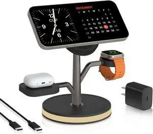 3-in-1 charging station for Apple devices, fast-charging Magsafe charger stand with LED light and 20W PD adapter, wireless nightstand charger for iPhone 16/15/14/13/12 series and AirPods, iWatch and m