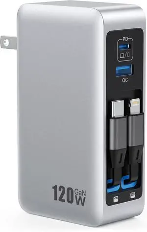 120W USB C Charger Block with 2 Built-in Retractable Cables, 4-in-1 GaN IV Foldable Plug Wall Charger Rapid Charging Station, PD 65W Laptop Adapter for Macbook/iPad, iPhone 16/15/14, Galaxy S24, Andro