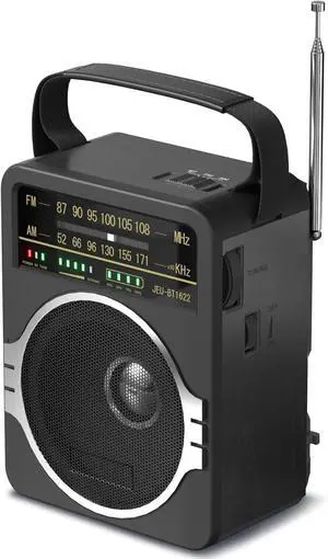 Portable AM FM Radio, Bluetooth 5.0 Radio, 5 Watt Speaker, FM Radio, Internal Rechargeable Battery/DC D * 4 Battery Powered, AC Power Plug, Wall Black
