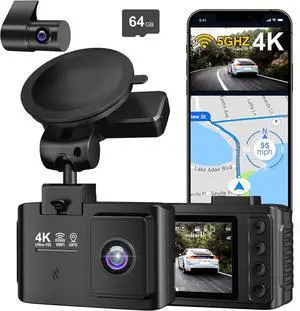 Front and Rear Car Recorder: 4K+2.5K Dual Channel Car Recorder - 5GHz WiFi, Car GPS Car Recorder with 64GB Card, 2.0-inch IPS Screen, App Control, Gravity Sensor, Loop Recording, 170° Wide Angle, Nigh