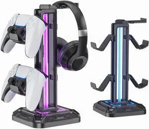 RGB Headset Holder with 9 Lighting Modes - Desktop Controller Holder - Rotating Headset Holder and Removable Controller Hook for PC Headset Accessory (Black)