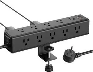 Standing Desk Clamp Power Board with 15 Outlets, Wide Pitch Desk Edge Mount Surge Protector Receptacle, Fast Charging USB-A and USB-C Ports, 6-Foot Flat Plug, Black 1.6-Inch Desktop