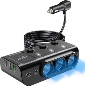 8-in-1 Cigarette Lighter Splitter, 3-Socket Car Charger Adapter, Type-C QC3.0 PD36W Dual USB Charger Ports, Car 12V / 24V Plug Socket with Individual Switch, LED Voltmeter (3.3FT Cable)