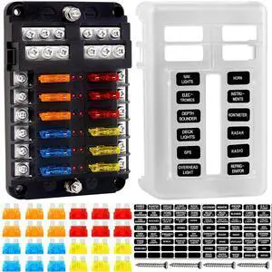 Fuse Holder, 12v Fuse Holder with LED Indicator Waterproof Cover, 12 Circuit Panel with Negative Bus for 12V/24V Car Truck Boat RV Trailer, 24 Blade Inserts