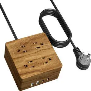 USB Power Pad Surge Protector - Desktop Extension Cord with 4 Wide Pitch Outlets and 4 Smart USB Ports for Portable Charging Stations in Homes, Offices, Hotels, Dormitories, RVs, Faux Walnut Grain