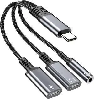 USB-C to 3.5mm Headphone and Charger Adapter, 3-in-1 Dual C-Sub Splitter Charger Headphone Jack Dongle Cable Compatible with iPhone 15/16 Pro/Max/Plus, iPad, Samsung Galaxy S22/S23/S24 Ultra (Gray)
