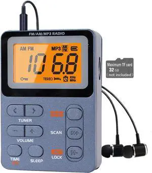 Portable radio AM FM, rechargeable pocket walkman with digital tuning for optimal reception, MP3, stereo headphones, large LCD screen, TF card socket, jogging/gym/camping transistor radio (blue)