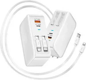 4-in-1 Retractable Wall Charger with Dual Cables, 40W Retractable Cell Phone Charger Wall Plug with Dual USB Ports, 20W USB C Charger Block Fast Charging for iPhone 17 16 15 14 13, LG, Galaxy S24 23,