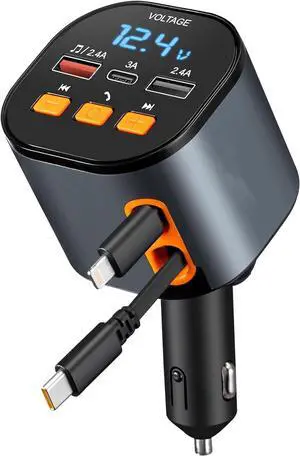 Retractable Car Charger, 5 in 1 Fast Car Cell Phone Charger 90W, Bluetooth 5.3 FM Transmitter Adapter, Hands Free Calling, 2 Retractable Cables and USB Charger for iPhone 17/16 15/14/13
