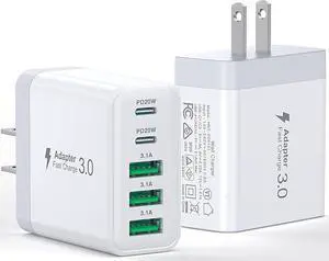 [2 Pcs] USB C Wall Charger, 50W Fast USB C Charger Block, 5-Port PD Power Adapter + QC Wall Plug Multi-Port Type C Charging Block Cube, Compatible with iPhone 16 15 14 13 12 11 Pro Max XR XS, Tablets