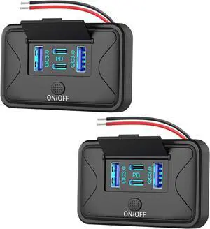 2-Pack 78W 4-Port 12V USB Socket Wall Mount, Dual 36W PD and Dual 18W QC3.0 Lightweight Surface Mount Charger Receptacle Panel with Push Button Switch for Bus RV Truck Boat Golf Carts