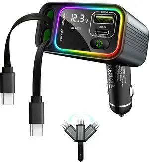 Retractable Car Charger USB C, 145W Type C Car Charger Fast Charging with Dual Retractable USB C Cable and USB Port for iPhone 17/16/15, S25/24/23/22, Pixel 9/8/7 (Built-in Dual C Cable)