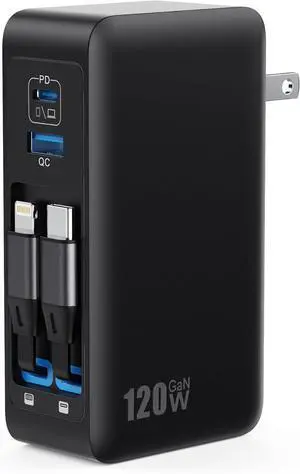 USB C Charger Block 120W, Built-in 2 Retractable Cables, 4-in-1 GaN IV Charger Fast Charging Foldable Plug Wall Charger, PD 65W Laptop Charger for MacBook, iPad, iPhone 16/15/14, Galaxy S25, Android a