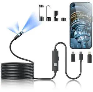 Borescope Camera with Light, 1920P HD Borescope Tool with 8 Adjustable LED Lights, Borescope with Semi-Rigid Serpentine Camera, IP67 Waterproof Inspection Borescope for iOS and Android - 16.4ft Dual L