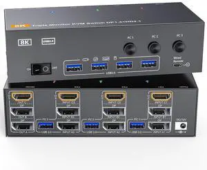 8K@60Hz HDMI2.1 Displayport KVM Switch 3 Monitors 3 PCs 4K@144Hz Triple-Display KVM Switch with USB 3.0 Ports, Wired Remote, Power Adapter, and USB3.0 Cable (16cm 3 PC 3 Monitor 8K KVM) 8K@60Hz HDMI2.1 Displayport KVM Switch 3 Monitors 3 PCs 4K@144Hz Triple-Display KVM Switch with USB 3.0 Ports, Wired Remote, Power Adapter, and USB3.0 Cable (16cm 3 PC 3 Monitor 8K KVM)