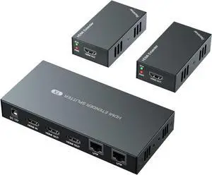 HDMI Extender 1x2 1080P@60Hz via Cat 5E/6/7 Ethernet Cable 50 Meters (165 Feet) Supports 2 HDMI Loop-Through Outputs EDID Cloning POC Functionality (1 Input, 2 Outputs)