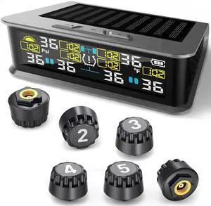 Six-wheel RV tire pressure monitoring system (TPMS) - 6 sensors and 6 alarm modes | 0 - 144 PSI ± 1.5 PSI, solar/USB charging | For Dually trucks and heavy trailers Six-wheel RV tire pressure monitoring system (TPMS) - 6 sensors and 6 alarm modes | 0 - 144 PSI ± 1.5 PSI, solar/USB charging | For Dually trucks and heavy trailers