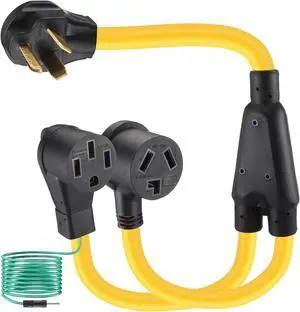 30-amp Y-splitter for RVs/EVs, compatible with NEMA 10-30P to 14-50R/10-30R adapters (3-pin 30A to 4-pin 50A), for EV/RV charging, STW 10 AWG, with safety ground wire, 3 feet 30-amp Y-splitter for RVs/EVs, compatible with NEMA 10-30P to 14-50R/10-30R adapters (3-pin 30A to 4-pin 50A), for EV/RV charging, STW 10 AWG, with safety ground wire, 3 feet