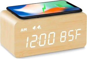 Digital Wooden Alarm Clock with Wireless Charging, 0-100% Dimmer, Dual Alarm, Weekday /Weekend Mode, Snooze, Wood LED Clocks for Bedroom, Bedside, Desk, Kids Digital Wooden Alarm Clock with Wireless Charging, 0-100% Dimmer, Dual Alarm, Weekday /Weekend Mode, Snooze, Wood LED Clocks for Bedroom, Bedside, Desk, Kids